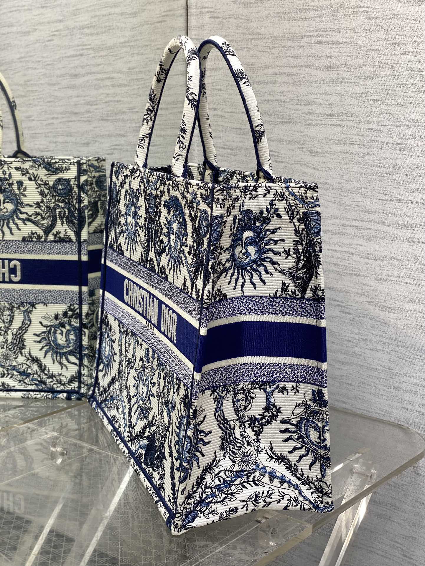 Large Dior Book Tote Bag White and Navy Blue Toile de Jouy Soleil Embroidery